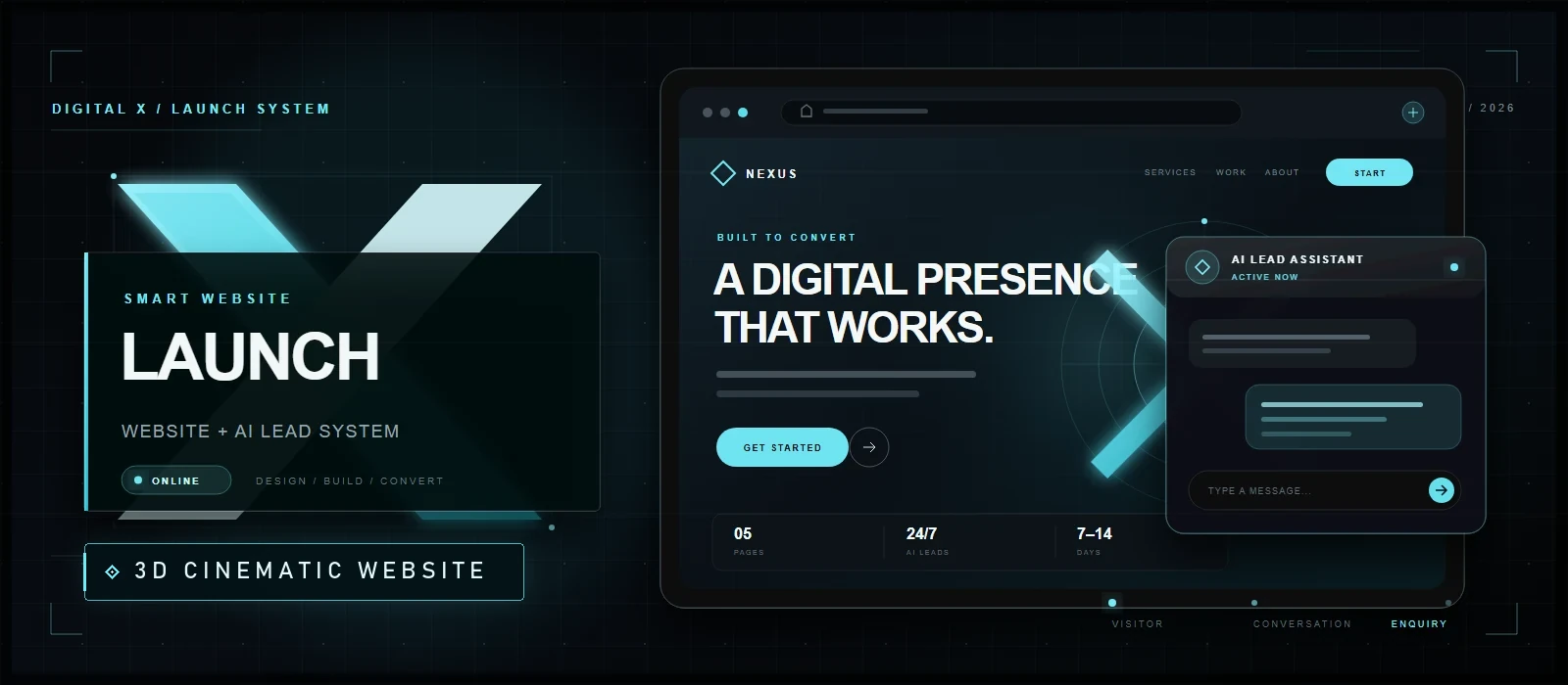 Smart Website Launch koncept sa 3D cinematic web stranicom i AI Lead Assistantom